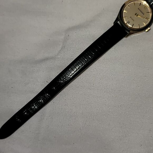 Wakmann Quartz Ladies Watch Goldtone Case Black Leather Band Auto Set - Picture 4 of 11